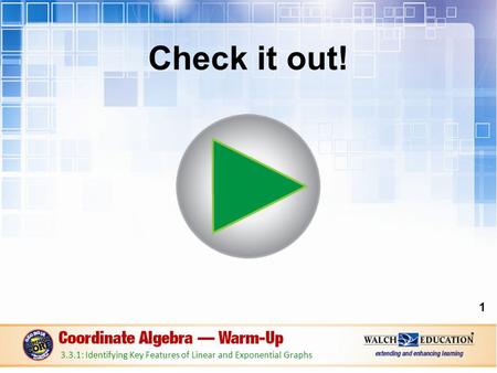 Check it out! http://walch.com/wu/CAU3L3S1BikeErrands 3.3.1: Identifying Key Features of Linear and Exponential Graphs.