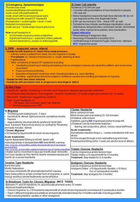 5) Migraine Throbbing pain lasting hours - 3 days Sensitivity to stimuli: light and sound, sometimes smells Nausea Aggravated by physical activity (prefers.