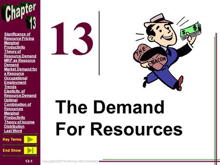 Copyright 2008 The McGraw-Hill Companies 13-1 Significance of Resource Pricing Marginal Productivity Theory of Resource Demand MRP as Resource Demand Market.