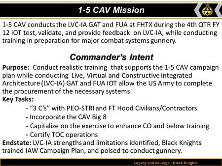 1-5 CAV Mission 1-5 CAV conducts the LVC-IA GAT and FUA at FHTX during the 4th QTR FY 12 IOT test, validate, and provide feedback on LVC-IA, while conducting.