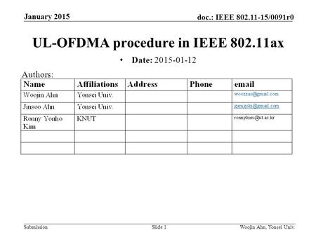 Submission doc.: IEEE 802.11-15/0091r0 January 2015 Woojin Ahn, Yonsei Univ.Slide 1 UL-OFDMA procedure in IEEE 802.11ax Date: 2015-01-12 Authors: