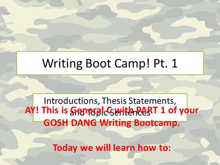 Writing Boot Camp! Pt. 1 Introductions, Thesis Statements, and Topic Sentences AY! This is General C with PART 1 of your GOSH DANG Writing Bootcamp. Today.