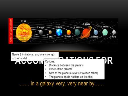 …… in a galaxy very, very near by…… ACCOMMODATIONS FOR SPACE Name 3 limitations, and one strength of this model Options: Distance between the planets Order.