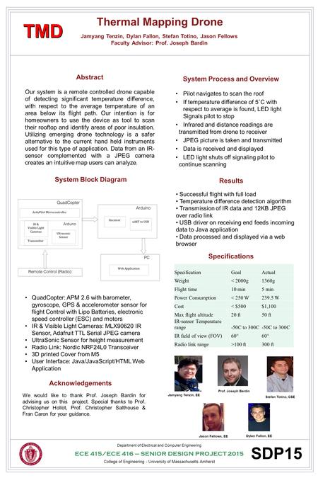 Thermal Mapping Drone Jamyang Tenzin, Dylan Fallon, Stefan Totino, Jason Fellows Faculty Advisor: Prof. Joseph Bardin Department of Electrical and Computer.