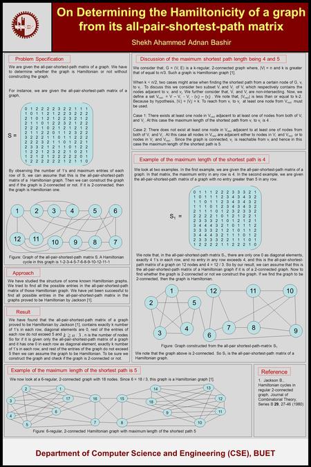 On Determining the Hamiltonicity of a graph from its all-pair-shortest-path matrix Shekh Ahammed Adnan Bashir Department of Computer Science and Engineering.