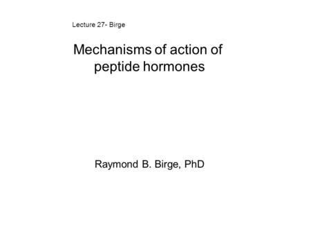 Mechanisms of action of peptide hormones Raymond B. Birge, PhD Lecture 27- Birge.