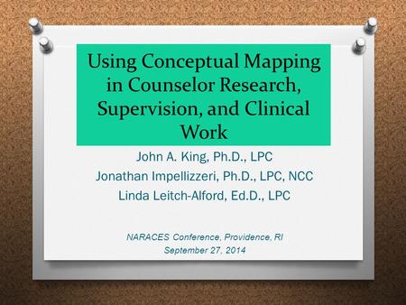 Using Conceptual Mapping in Counselor Research, Supervision, and Clinical Work John A. King, Ph.D., LPC Jonathan Impellizzeri, Ph.D., LPC, NCC Linda Leitch-Alford,