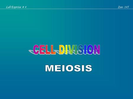 Lab Exercise # 4Zoo- 145. o Meiosis (Gr. Meiouni = to reduce; sis = process) has been reported for the first time by J. B. Farmer (1905) o It is special.