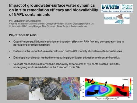 Impact of groundwater-surface water dynamics on in situ remediation efficacy and bioavailability of NAPL contaminants PIs: Michael Unger, Aaron Beck Virginia.