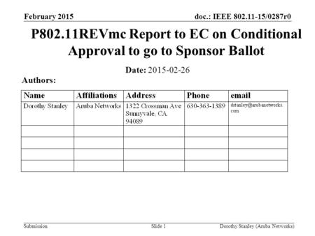 Doc.: IEEE 802.11-15/0287r0 Submission February 2015 Dorothy Stanley (Aruba Networks)Slide 1 P802.11REVmc Report to EC on Conditional Approval to go to.