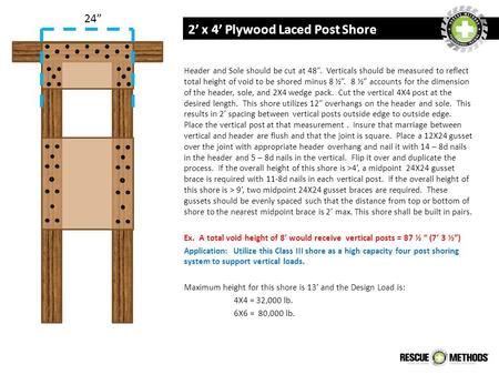 Header and Sole should be cut at 48”. Verticals should be measured to reflect total height of void to be shored minus 8 ½”. 8 ½” accounts for the dimension.