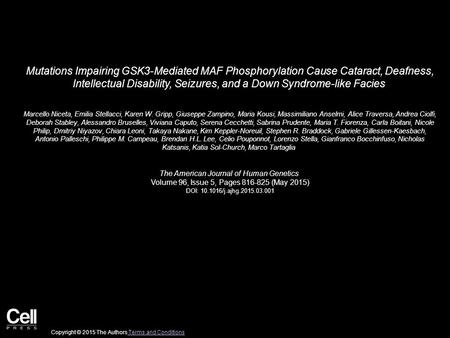 Mutations Impairing GSK3-Mediated MAF Phosphorylation Cause Cataract, Deafness, Intellectual Disability, Seizures, and a Down Syndrome-like Facies Marcello.