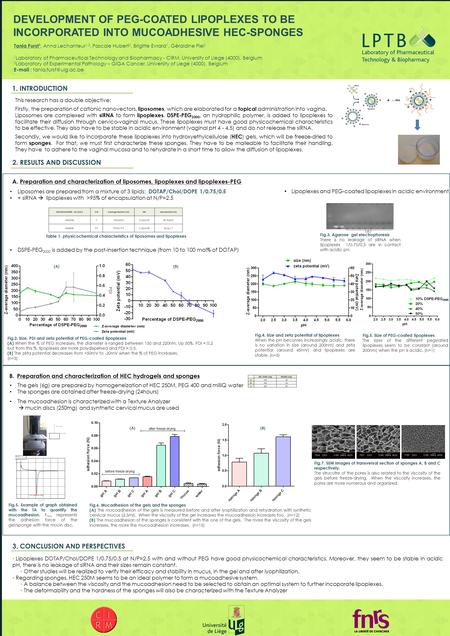 DEVELOPMENT OF PEG-COATED LIPOPLEXES TO BE INCORPORATED INTO MUCOADHESIVE HEC-SPONGES Tania Furst 1, Anna Lechanteur 1,2, Pascale Hubert 2, Brigitte Evrard.