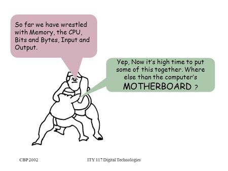 CBP 2002ITY 117 Digital Technologies So far we have wrestled with Memory, the CPU, Bits and Bytes, Input and Output. Yep, Now it’s high time to put some.