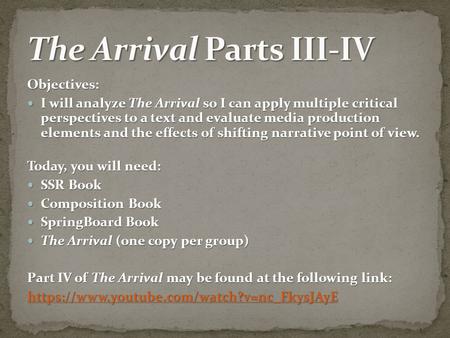 Objectives: I will analyze The Arrival so I can apply multiple critical perspectives to a text and evaluate media production elements and the effects of.