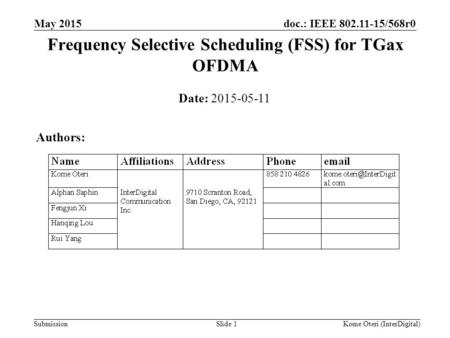 Doc.: IEEE 802.11-15/568r0 Submission Frequency Selective Scheduling (FSS) for TGax OFDMA May 2015 Slide 1 Date: 2015-05-11 Authors: Kome Oteri (InterDigital)