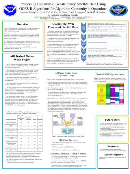 Processing Himawari-8 Geostationary Satellite Data Using GOES-R Algorithms for Algorithm Continuity in Operations Jonathan Wrotny1, A. Li1, H. Xie1, M.