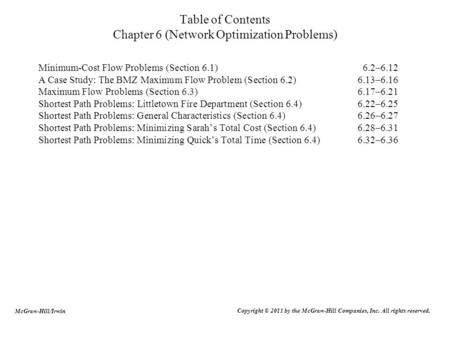 Table of Contents Chapter 6 (Network Optimization Problems)