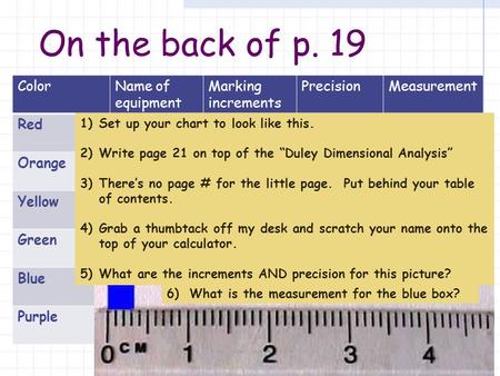 On the back of p. 19 ColorName of equipment Marking increments PrecisionMeasurement Red Orange Yellow Green Blue Purple 1)Set up your chart to look like.