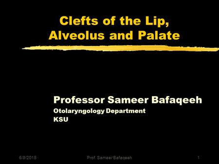 6/9/2015Prof. Sameer Bafaqeeh1 Clefts of the Lip, Alveolus and Palate Professor Sameer Bafaqeeh Otolaryngology Department KSU.