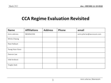 Doc.: IEEE 802.11-15-0318 Amin Jafarian, Newracom 1 CCA Regime Evaluation Revisited March 2015 NameAffiliationsAddressPhone Amin