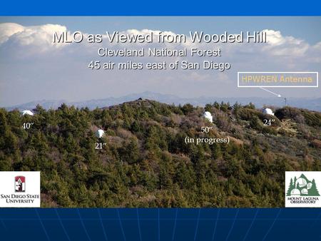 MLO as Viewed from Wooded Hill Cleveland National Forest 45 air miles east of San Diego 40” 21” 50” (in progress) 24” HPWREN Antenna.