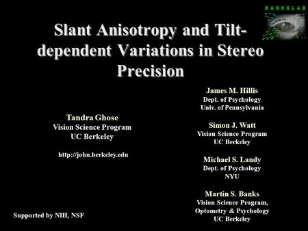 Slant Anisotropy and Tilt- dependent Variations in Stereo Precision Tandra Ghose Vision Science Program UC Berkeley  James M. Hillis.