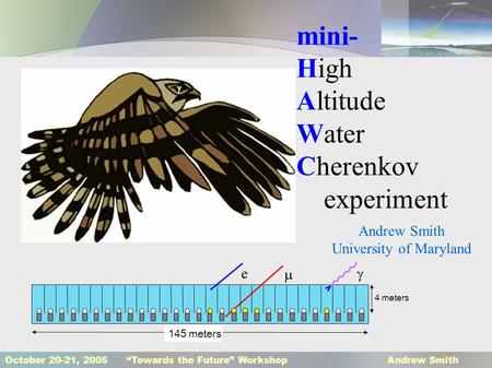 October 20-21, 2005 “Towards the Future” Workshop Andrew Smith mini- High Altitude Water Cherenkov experiment e   145 meters 4 meters  Andrew Smith.