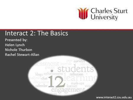 Interact 2: The Basics Presented by: Helen Lynch Nichole Thurbon Rachel Stewart-Allan www.interact2.csu.edu.au.