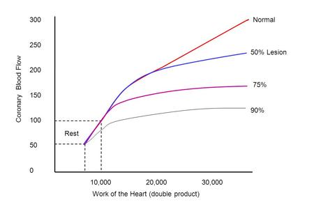 300 250 200 150 100 50 0 10,000 20,00030,000 Rest Normal 50% Lesion 90% 75% Work of the Heart (double product) Coronary Blood Flow.