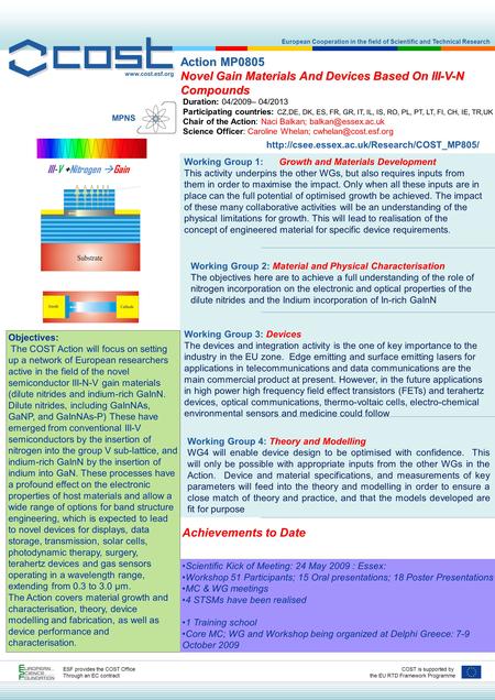 European Cooperation in the field of Scientific and Technical Research COST is supported by the EU RTD Framework Programme ESF provides the COST Office.