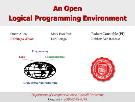 Stuart AllenMark Bickford Robert Constable (PI) Christoph KreitzLori LorigoRobbert Van Renesse Secure software infrastructure Logic Programming Communications.