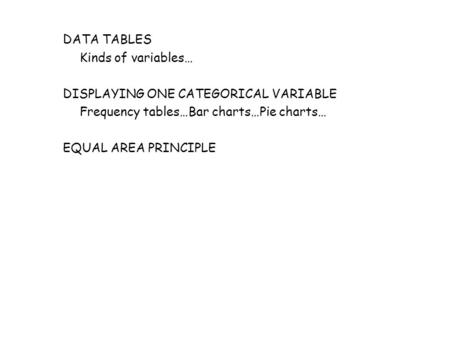 DATA TABLES Kinds of variables… DISPLAYING ONE CATEGORICAL VARIABLE Frequency tables…Bar charts…Pie charts… EQUAL AREA PRINCIPLE.