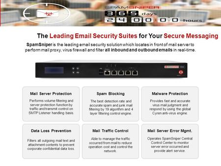 What is SpamSniper? SpamSniper is the leading email security solution which locates in front of mail server to perform mail proxy, virus firewall and filter.