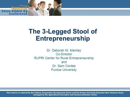 7 th Annual National Value-Added Ag Conference Indianapolis, Indiana June 16-17, 2005 The 3-Legged Stool of Entrepreneurship Dr. Deborah M. Markley Co-Director.