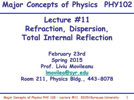 Major Concepts of Physics PHY 102 – Lecture #11 1 2015  Syracuse University Lecture #11 Refraction, Dispersion, Total Internal Reflection February 23rd.