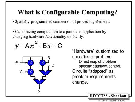 EECC722 - Shaaban #1 lec # 8 Fall 2001 10-3-2001 What is Configurable Computing? Spatially-programmed connection of processing elements Spatially-programmed.