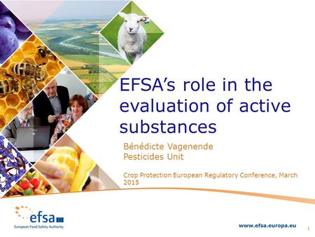 Bénédicte Vagenende Pesticides Unit Crop Protection European Regulatory Conference, March 2015 EFSA’s role in the evaluation of active substances 1.