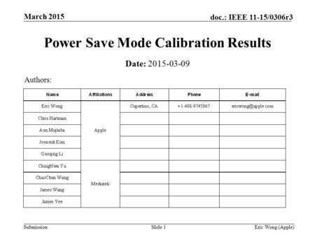 Submission doc.: IEEE 11-15/0306r3 March 2015 Eric Wong (Apple)Slide 1 Power Save Mode Calibration Results Date: 2015-03-09 Authors: