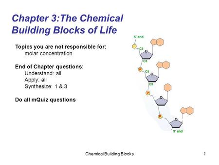 Chemical Building Blocks1 Chapter 3:The Chemical Building Blocks of Life Topics you are not responsible for: molar concentration End of Chapter questions: