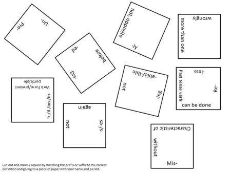 Un- Pre- -ed Dis- before -ly not, opposite Ir-/il-/im-/in- Verb form/present participle -s/-es not again more than one wrongly Mis- without Characteristic.