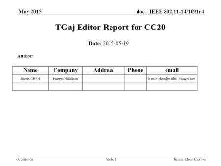 Doc.: IEEE 802.11-14/1091r4 Submission May 2015 TGaj Editor Report for CC20 Jiamin Chen, HuaweiSlide 1 Date: 2015-05-19 Author: