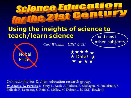 Carl Wieman UBC & CU Colorado physics & chem education research group: W. Adams, K. Perkins, K. Gray, L. Koch, J. Barbera, S. McKagan, N. Finkelstein,