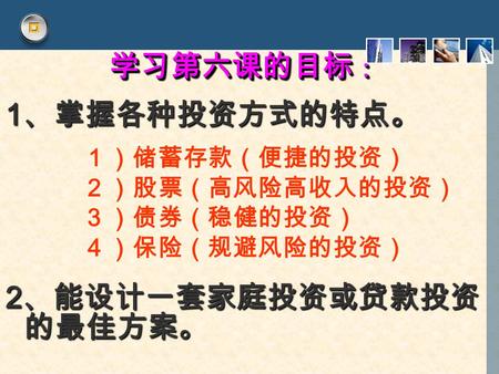 学习第六课的目标 ： 1 、掌握各种投资方式的特点。 2 、能设计一套家庭投资或贷款投资 的最佳方案。 １）储蓄存款（便捷的投资） ２）股票（高风险高收入的投资） ３）债券（稳健的投资） ４）保险（规避风险的投资）