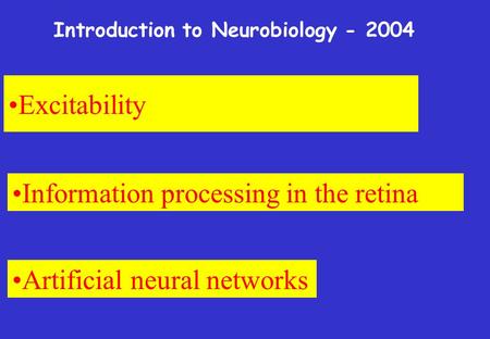 Excitability Information processing in the retina Artificial neural networks Introduction to Neurobiology - 2004.