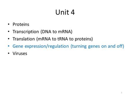 Unit 4 Proteins Transcription (DNA to mRNA) Translation (mRNA to tRNA to proteins) Gene expression/regulation (turning genes on and off) Viruses 1.