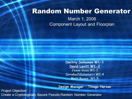 Random Number Generator Dmitriy Solmonov W1-1 David Levitt W1-2 Jesse Guss W1-3 Sirisha Pillalamarri W1-4 Matt Russo W1-5 Design Manager – Thiago Hersan.