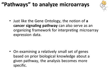 “Pathways” to analyze microarrays Just like the Gene Ontology, the notion of a cancer signaling pathway can also serve as an organizing framework for interpreting.