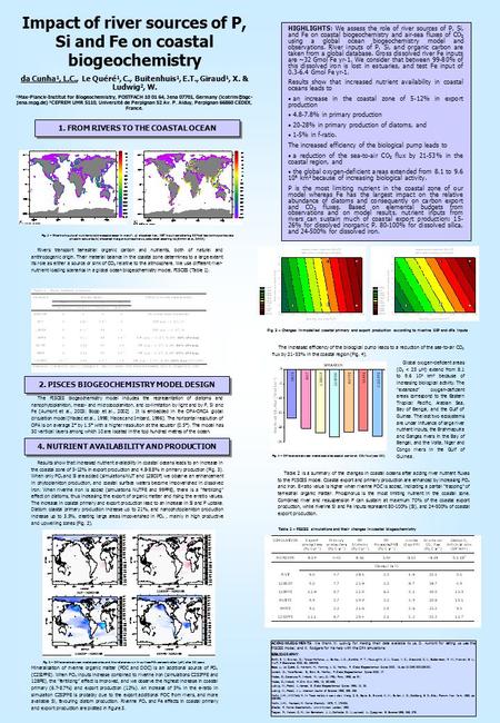 Impact of river sources of P, Si and Fe on coastal biogeochemistry da Cunha 1, L.C., Le Quéré 1, C., Buitenhuis 1, E.T., Giraud 1, X. & Ludwig 2, W. 1.