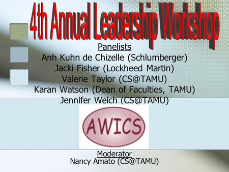 Panelists Anh Kuhn de Chizelle (Schlumberger) Jacki Fisher (Lockheed Martin) Valerie Taylor Karan Watson (Dean of Faculties, TAMU) Jennifer Welch.